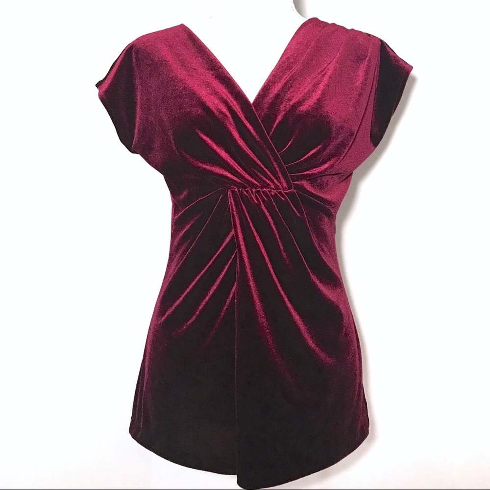 Maroon V-Neck Velvet Like Blouse with Ruching